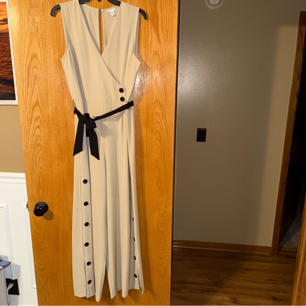 Cream and Blue Sleeveless Wrap Jumpsuit V-neck Casual